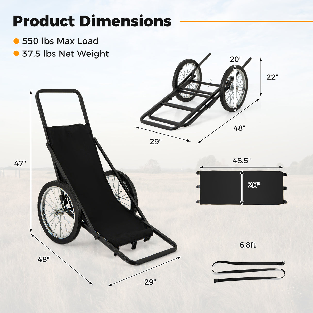 550 LBS Folding Deer Game Cart with Polyester Liner for Hunting