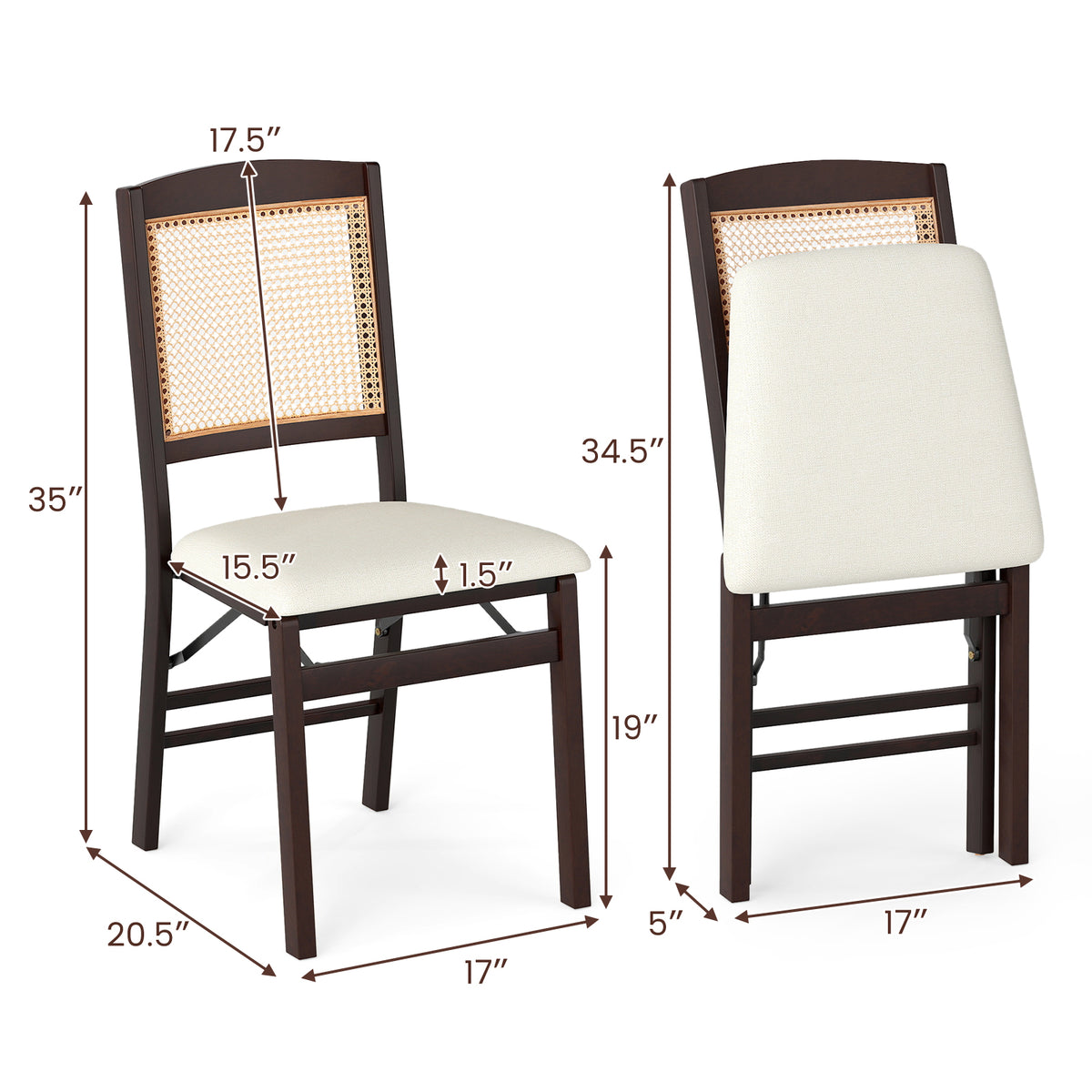Folding Dining Chairs Set of 4 Rubber Wood Chairs with Linen Padded Seat-Coffee