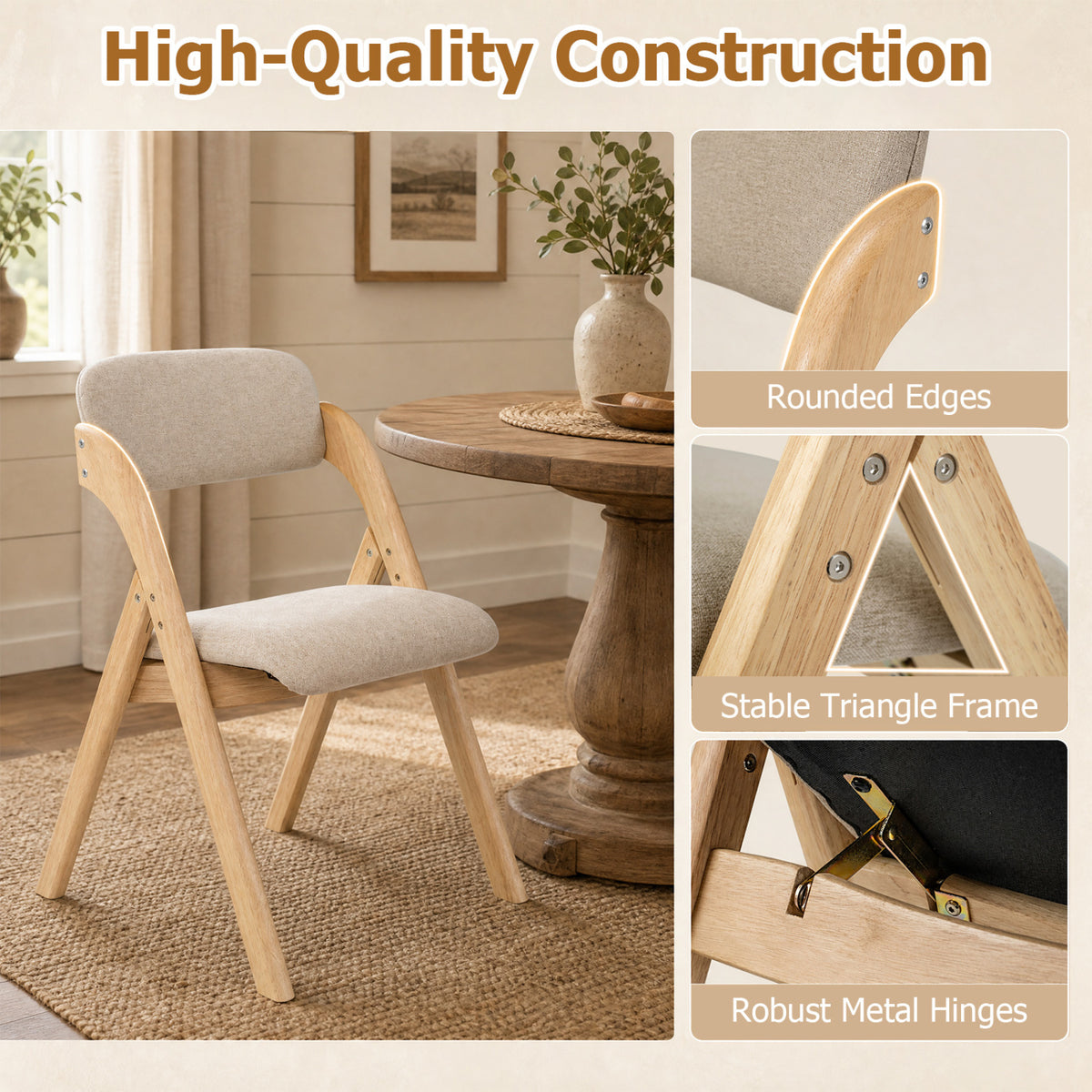 Folding Dining Chairs Set of 2 with Cushion-Beige