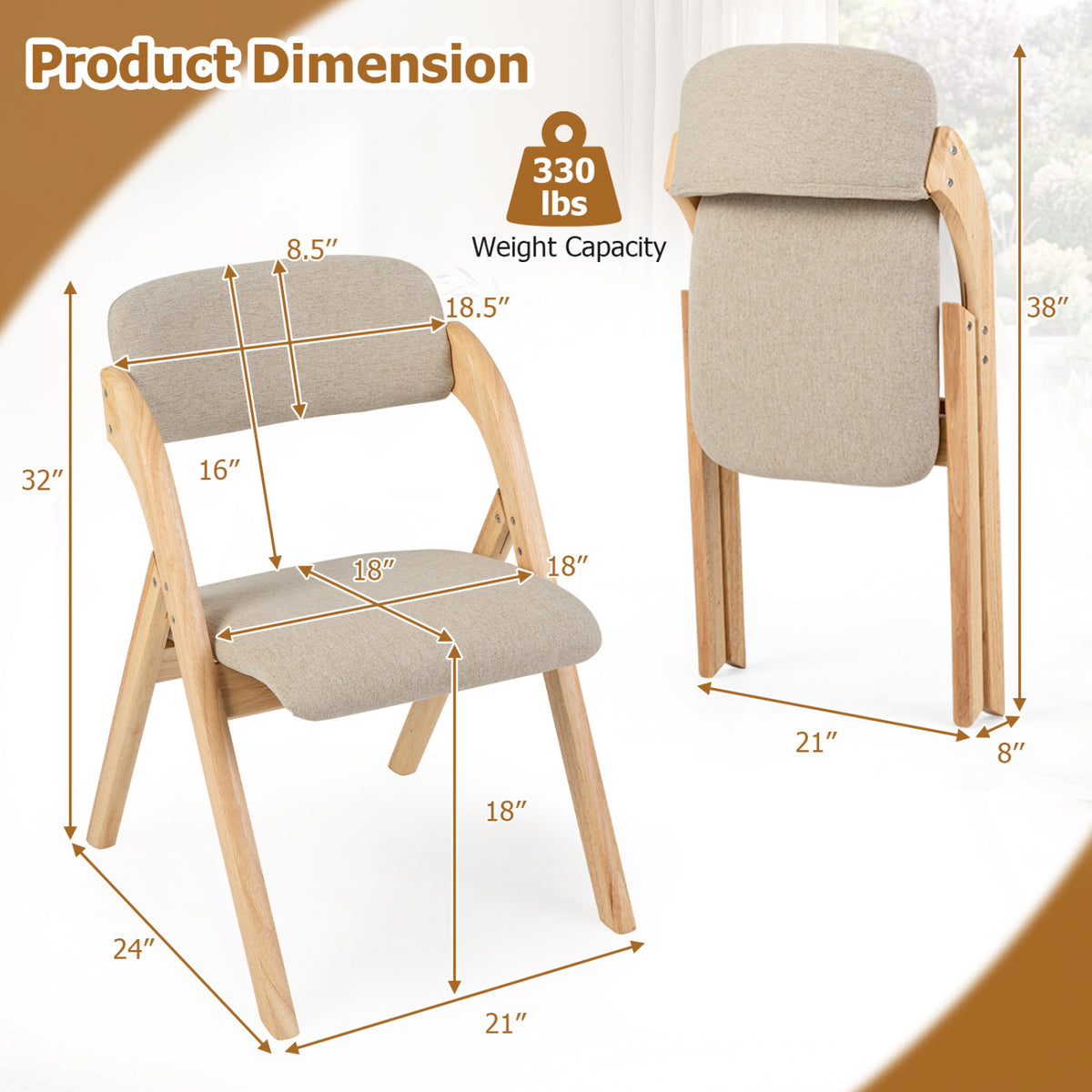 Folding Dining Chairs Set of 4 with Cushion-Beige