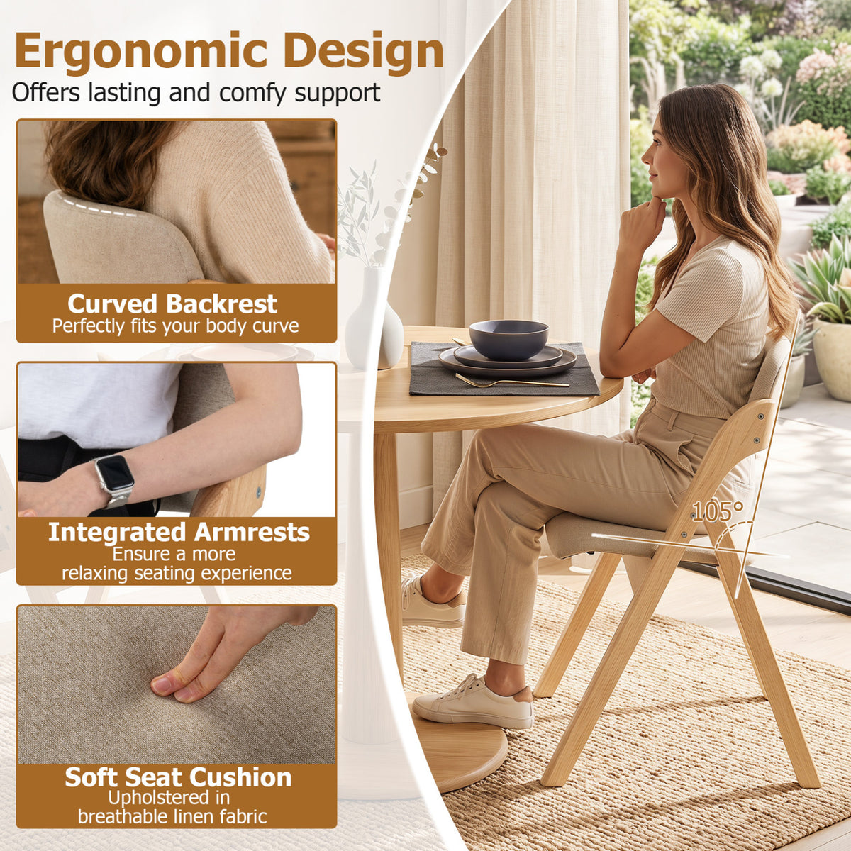Folding Dining Chairs Set of 4 with Cushion-Beige
