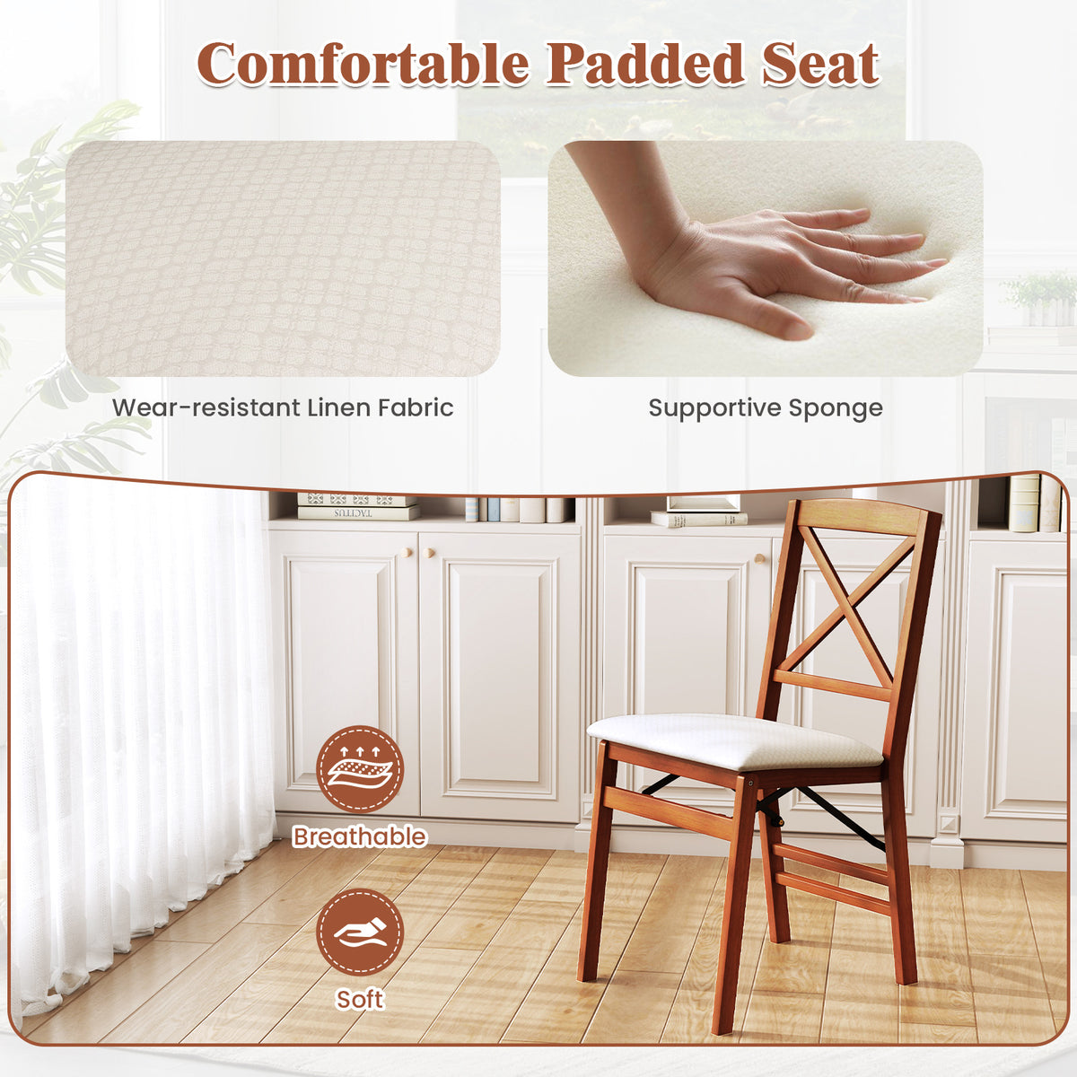 Folding Dining Chairs Set of 2 with Padded Seat and Rubber Wood Frame-A