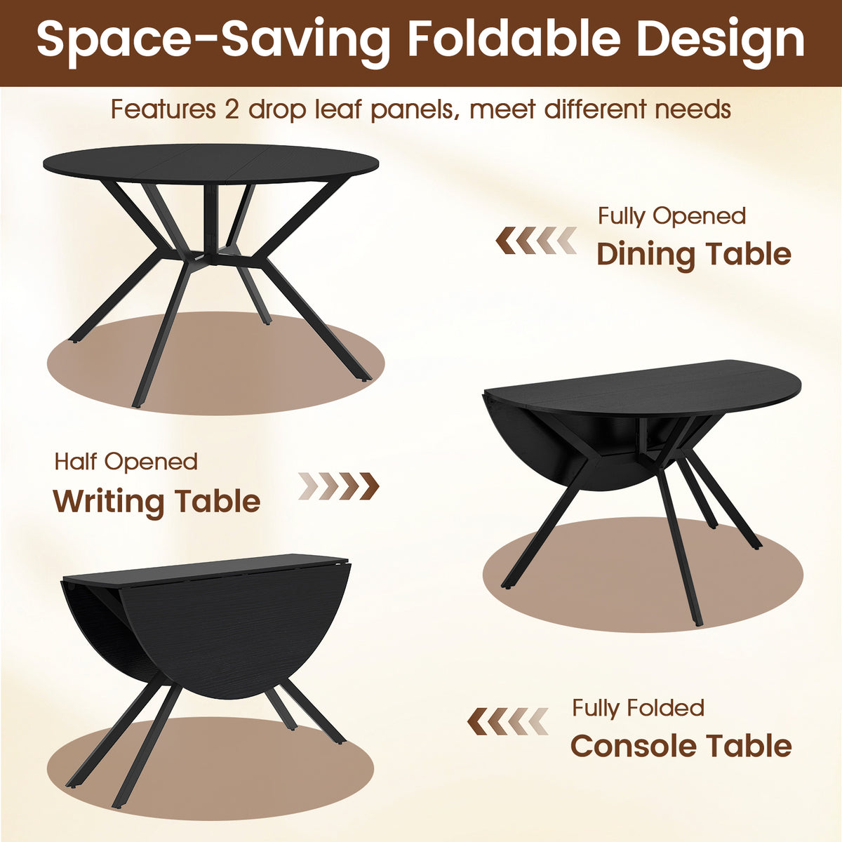 Folding Dining Table 47 Inch Extendable Round Kitchen Table with Drop Leaves-Black