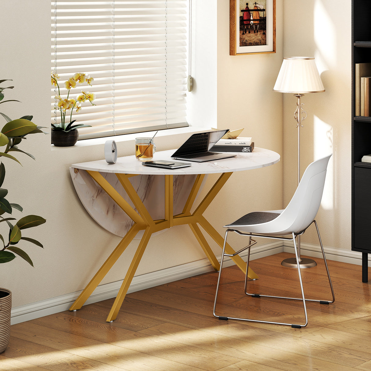 Folding Dining Table 47 Inch Extendable Round Kitchen Table with Drop Leaves-White
