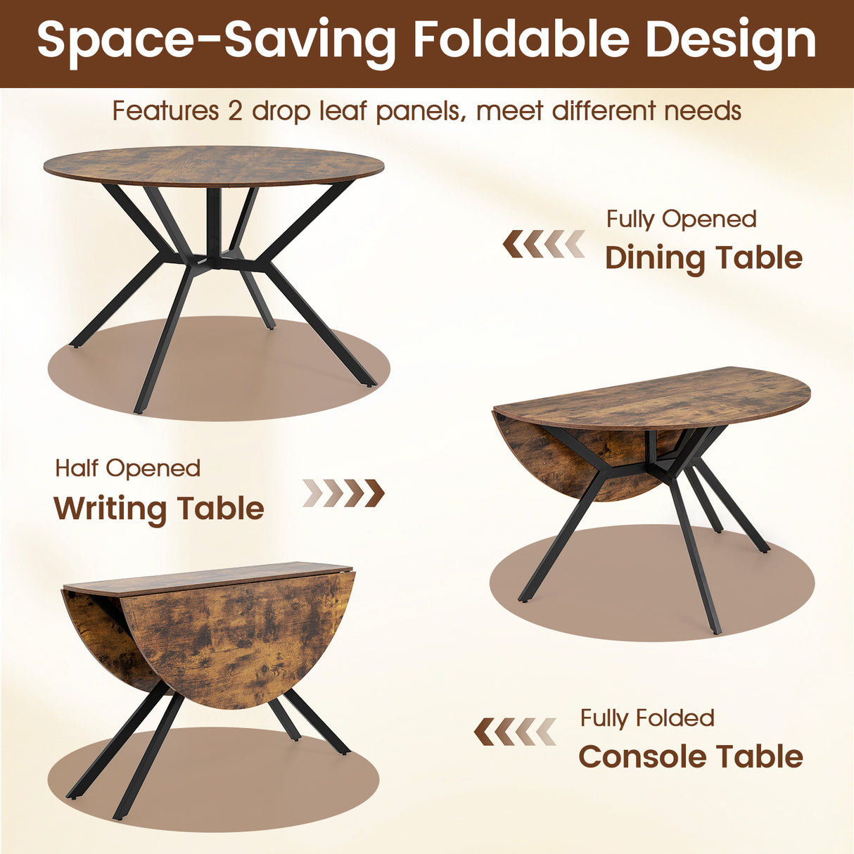 Folding Dining Table 47 Inch Extendable Round Kitchen Table with Drop Leaves-Rustic Brown