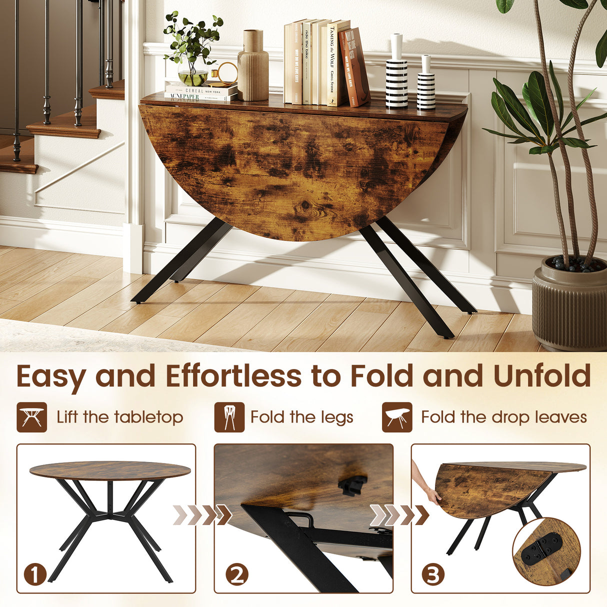 Folding Dining Table 47 Inch Extendable Round Kitchen Table with Drop Leaves-Rustic Brown