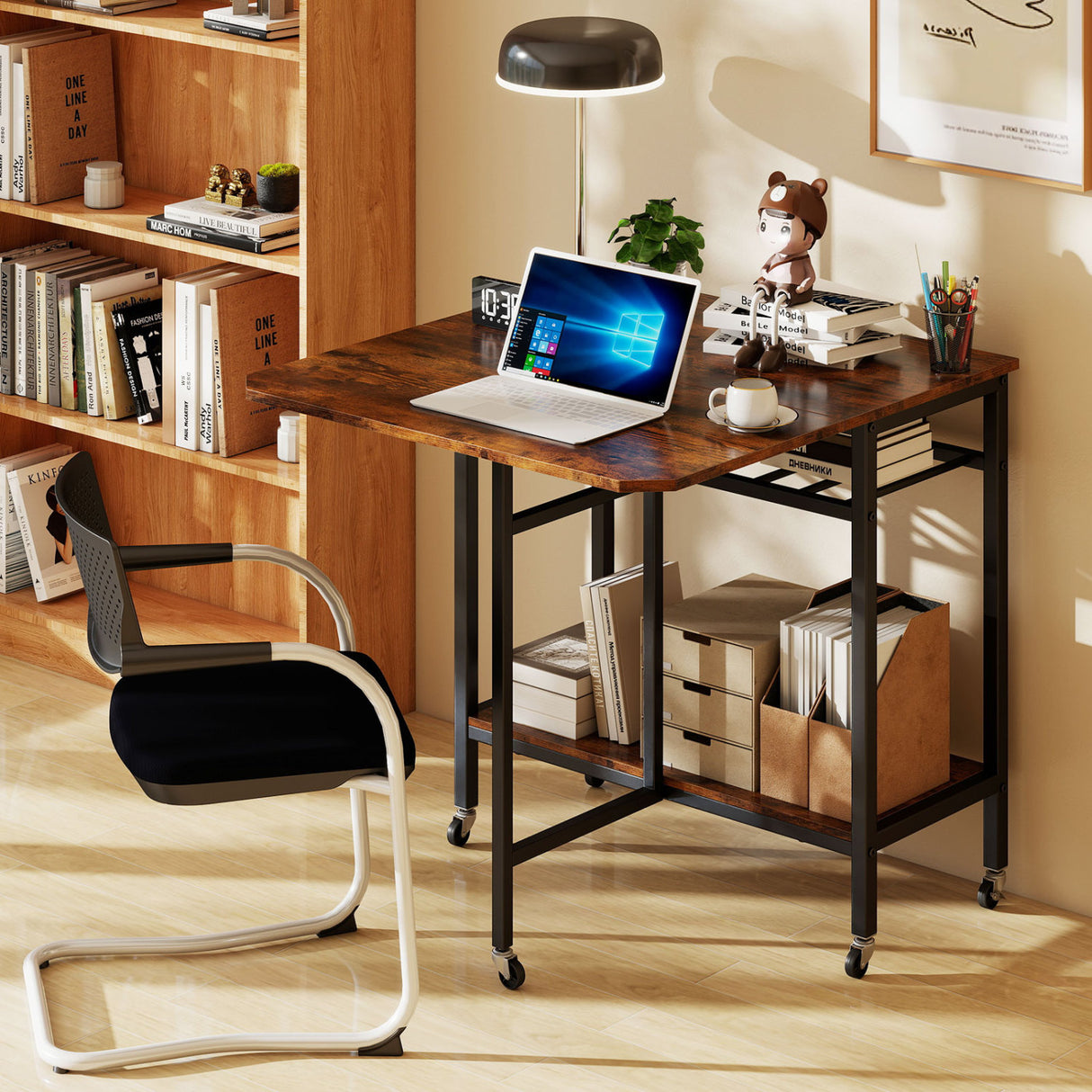 Folding Dining Table with Expandable Laptop with Wine Rack and Wheels-Rustic Brown