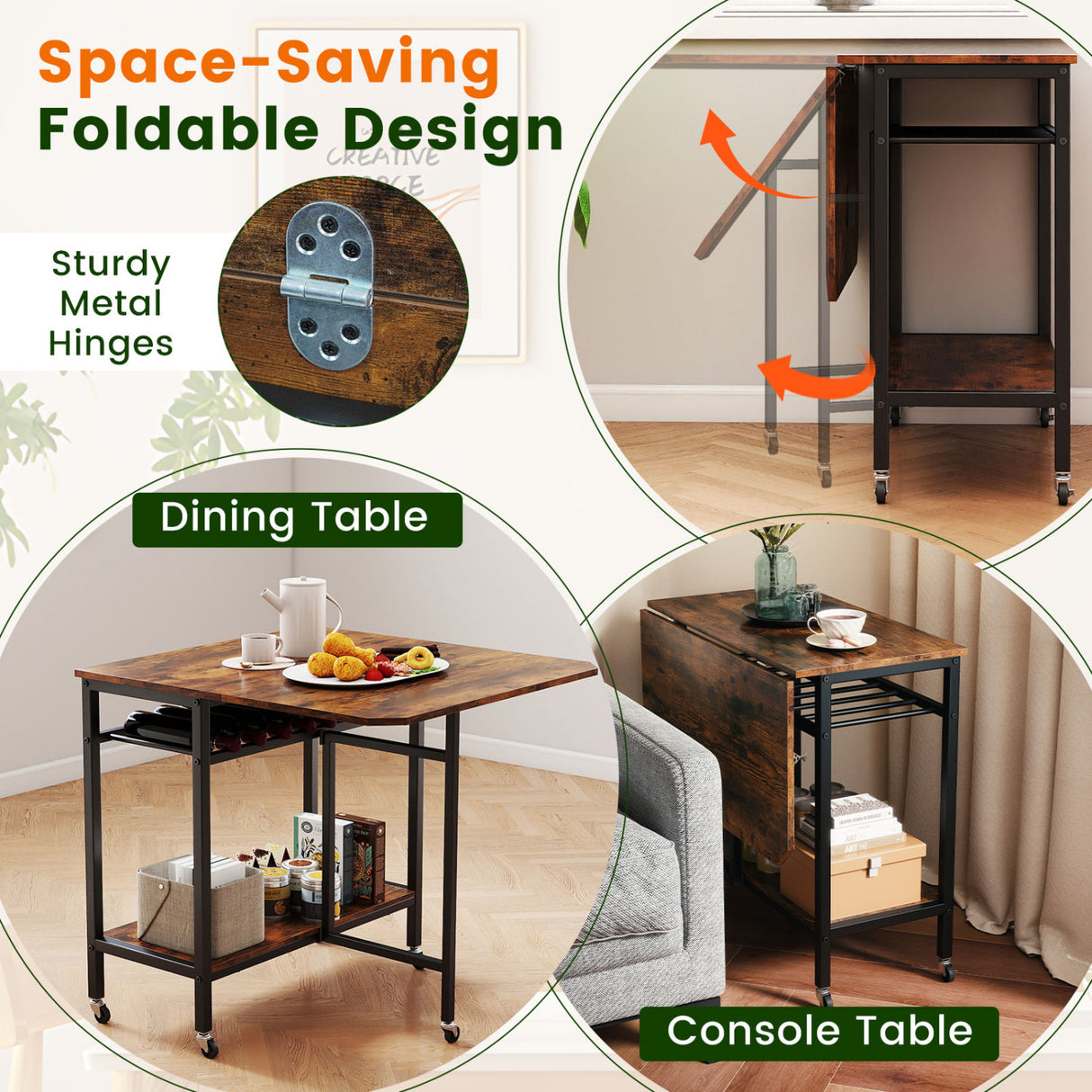 Folding Dining Table with Expandable Laptop with Wine Rack and Wheels-Rustic Brown