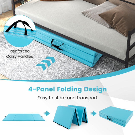 4-Panel PU Leather Folding Exercise Mat with Carrying Handles-Blue