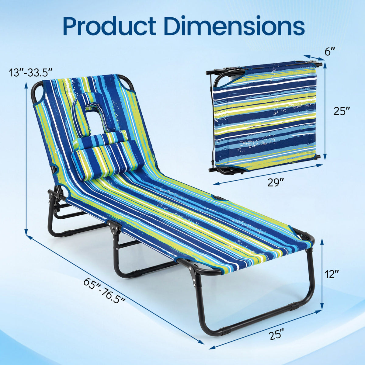 Folding Face Down Tanning Chair with Face Hole 3 Removable Pillows-Blue Stripe