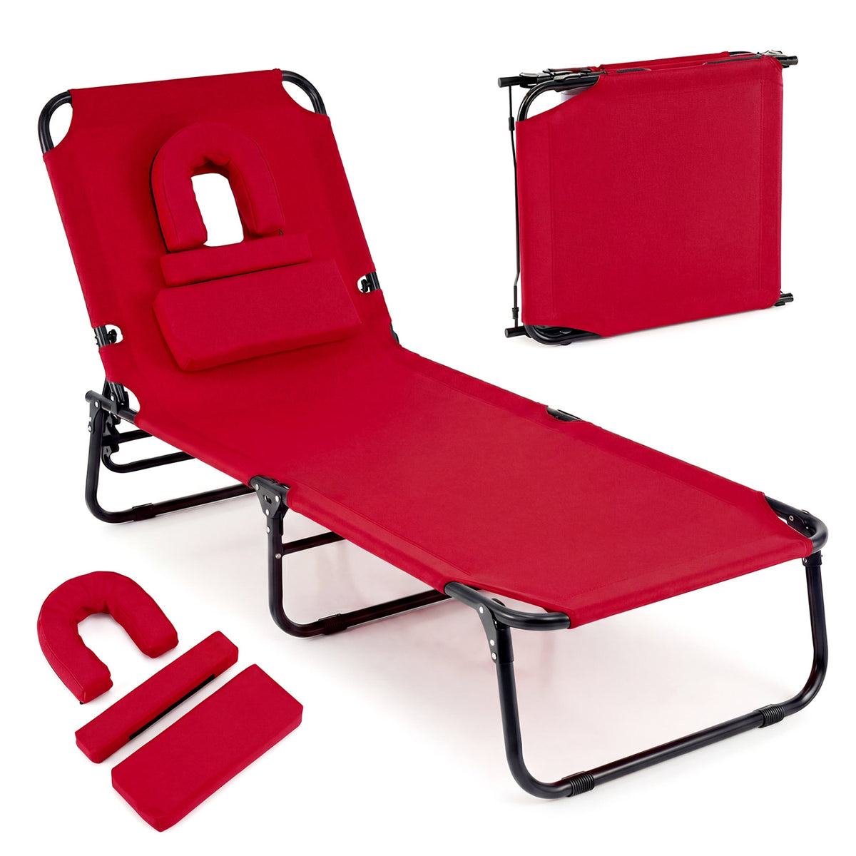 Folding Face Down Tanning Chair with Face Hole 3 Removable Pillows-Red