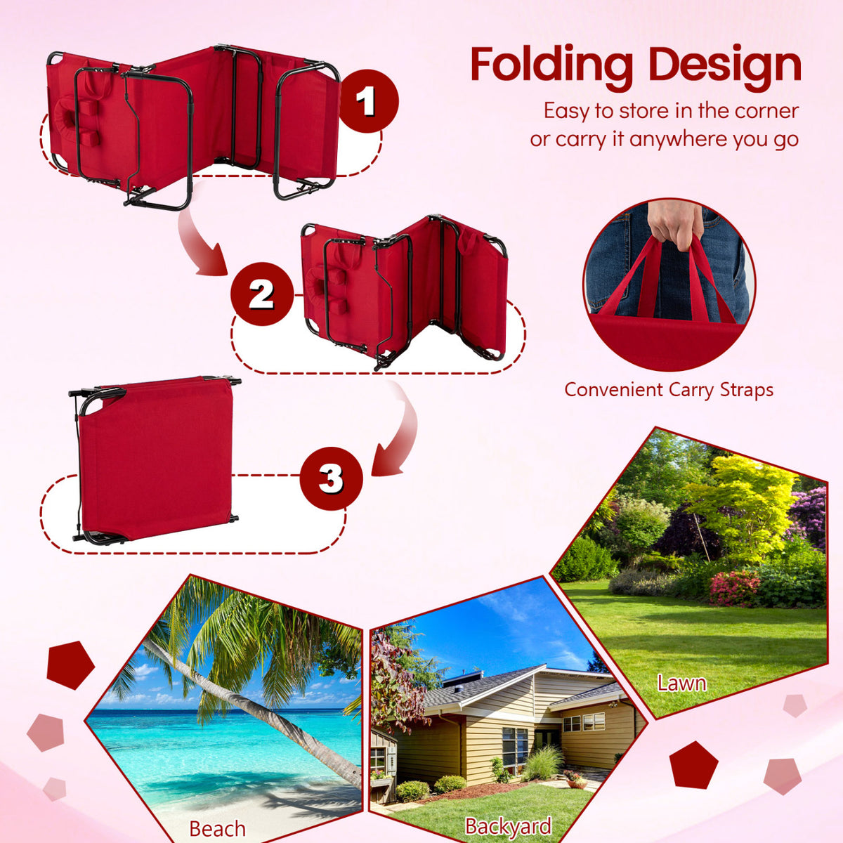 Folding Face Down Tanning Chair with Face Hole 3 Removable Pillows-Red