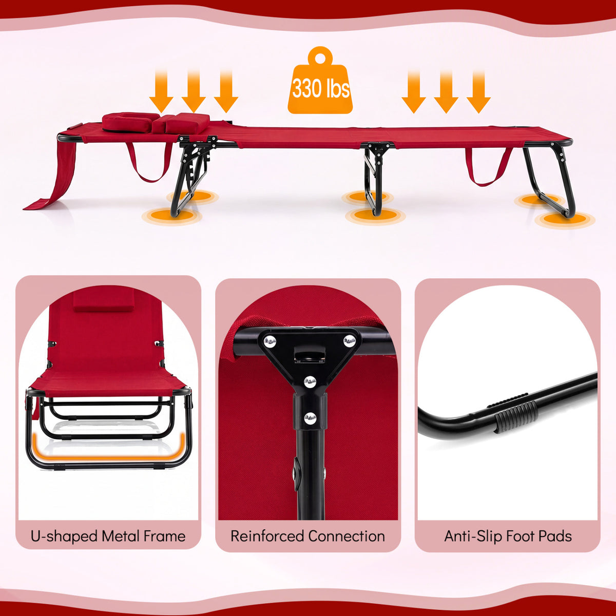 Folding Face Down Tanning Chair with Face Hole 3 Removable Pillows-Red