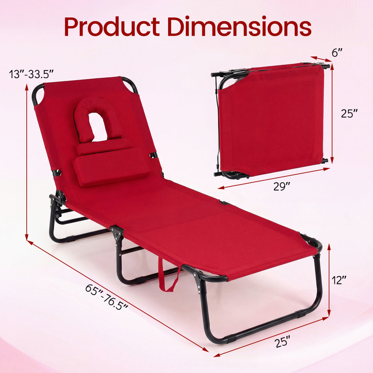 Folding Face Down Tanning Chair with Face Hole 3 Removable Pillows-Red