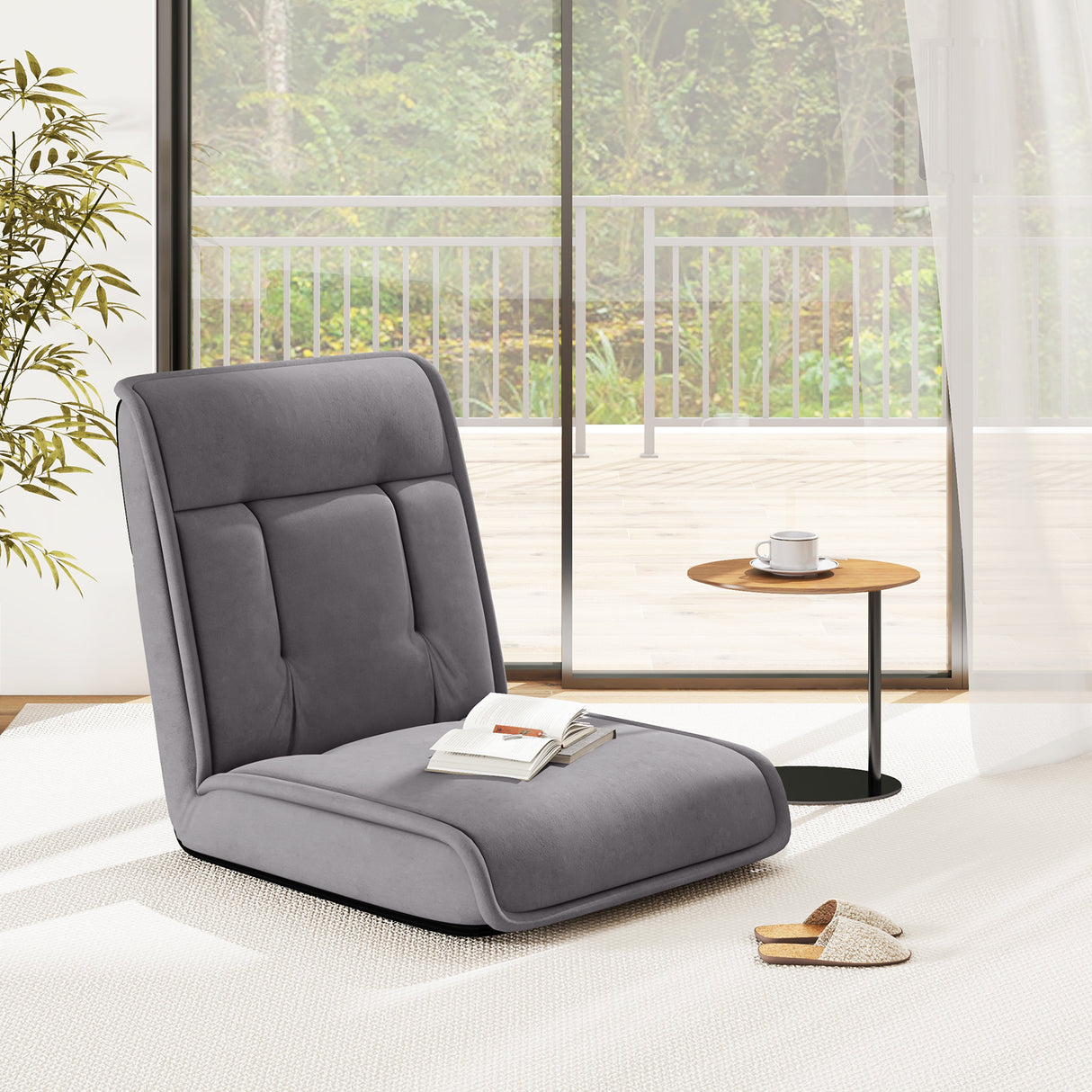 Folding Floor Chair Convertible Lazy Chair with 14-Poistion Adjustable Backrest-Gray
