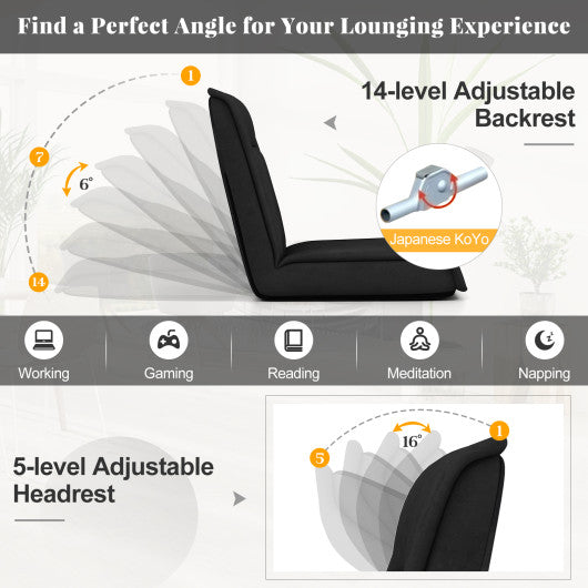 Folding Floor Chair Convertible Lazy Chair with 14-Poistion Adjustable Backrest-Black