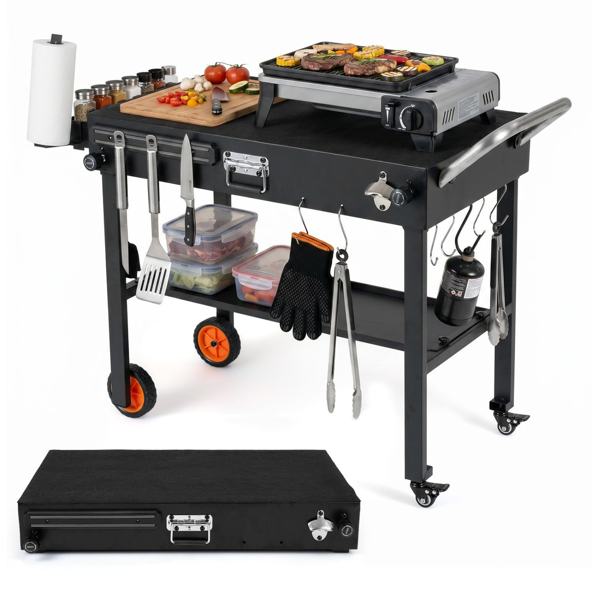 Folding Grill Cart for 17 and 22 Inch Griddles with Heat-Resistant Mat