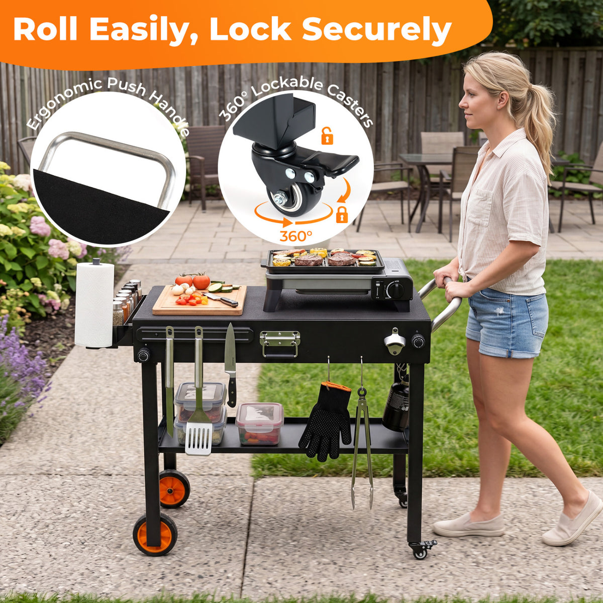 Folding Grill Cart for 17 and 22 Inch Griddles with Heat-Resistant Mat