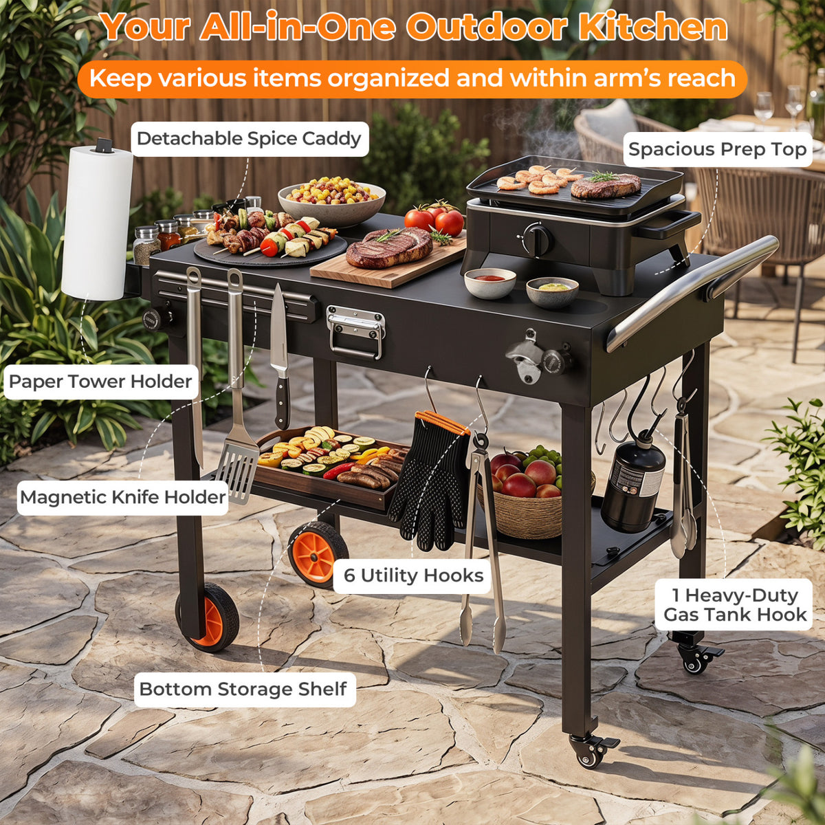 Folding Grill Cart for 17 and 22 Inch Griddles with Heat-Resistant Mat