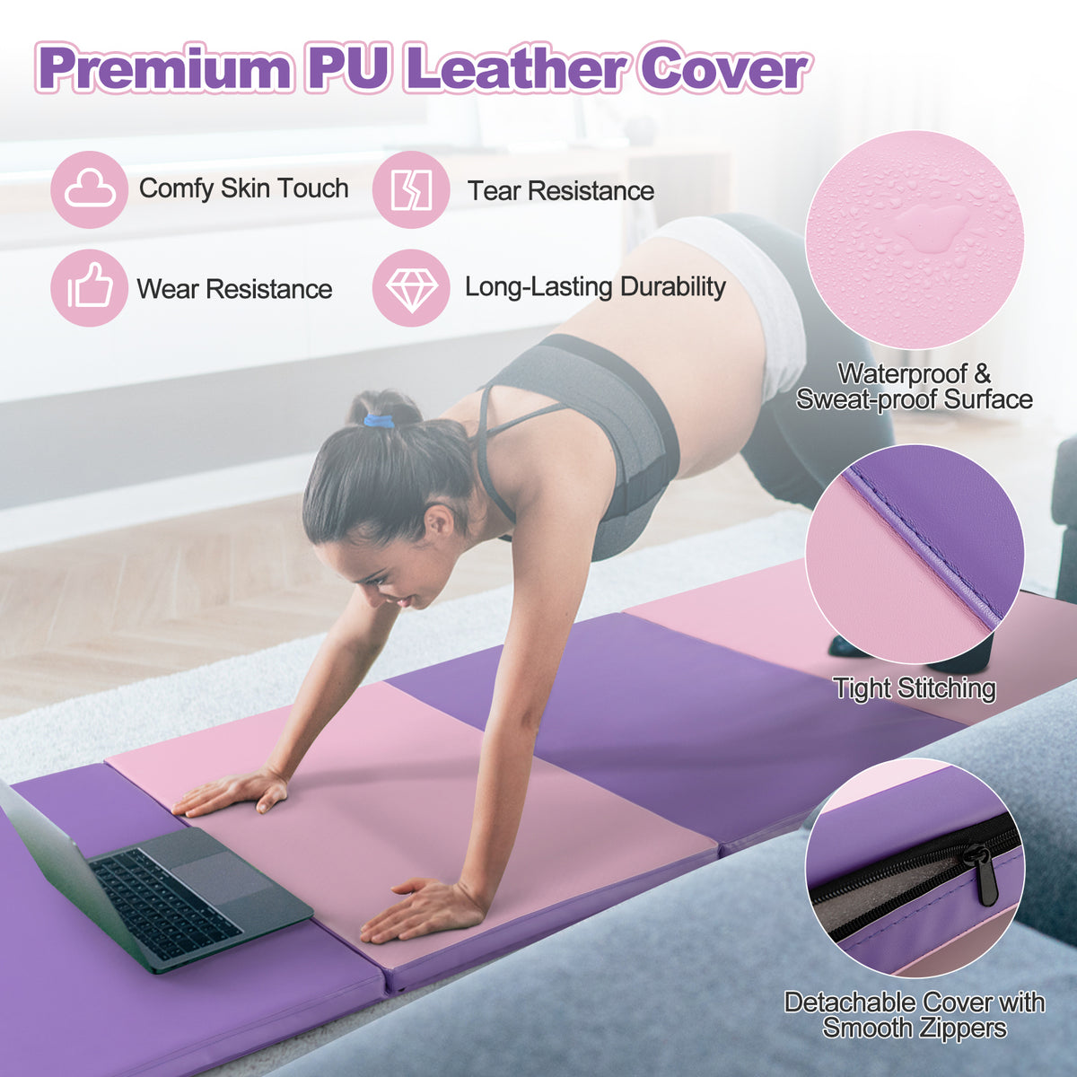 Folding Gymnastics Mat with Carry Handles and Sweatproof Detachable PU Leather Cover-Pink
