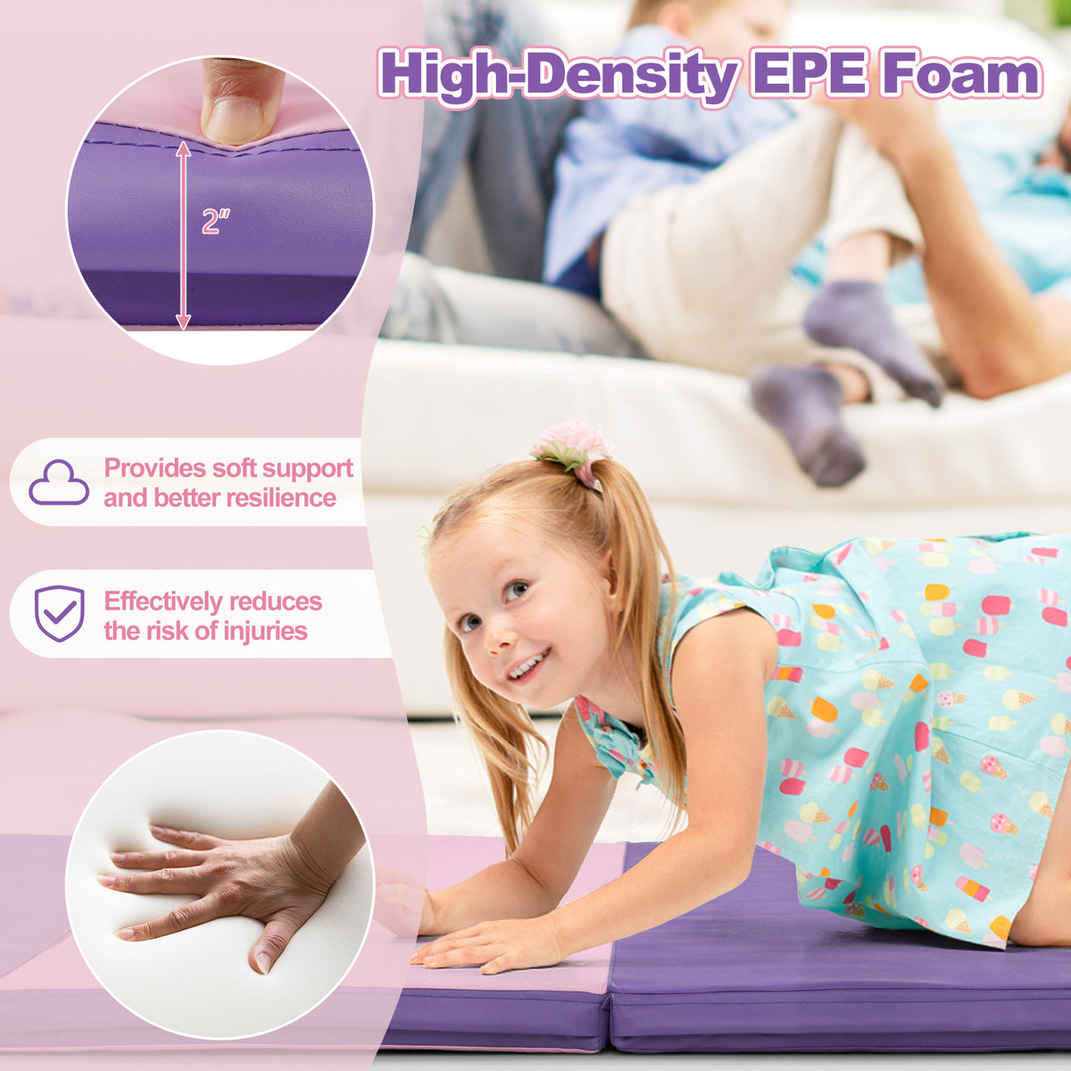 Folding Gymnastics Mat with Carry Handles and Sweatproof Detachable PU Leather Cover-Pink