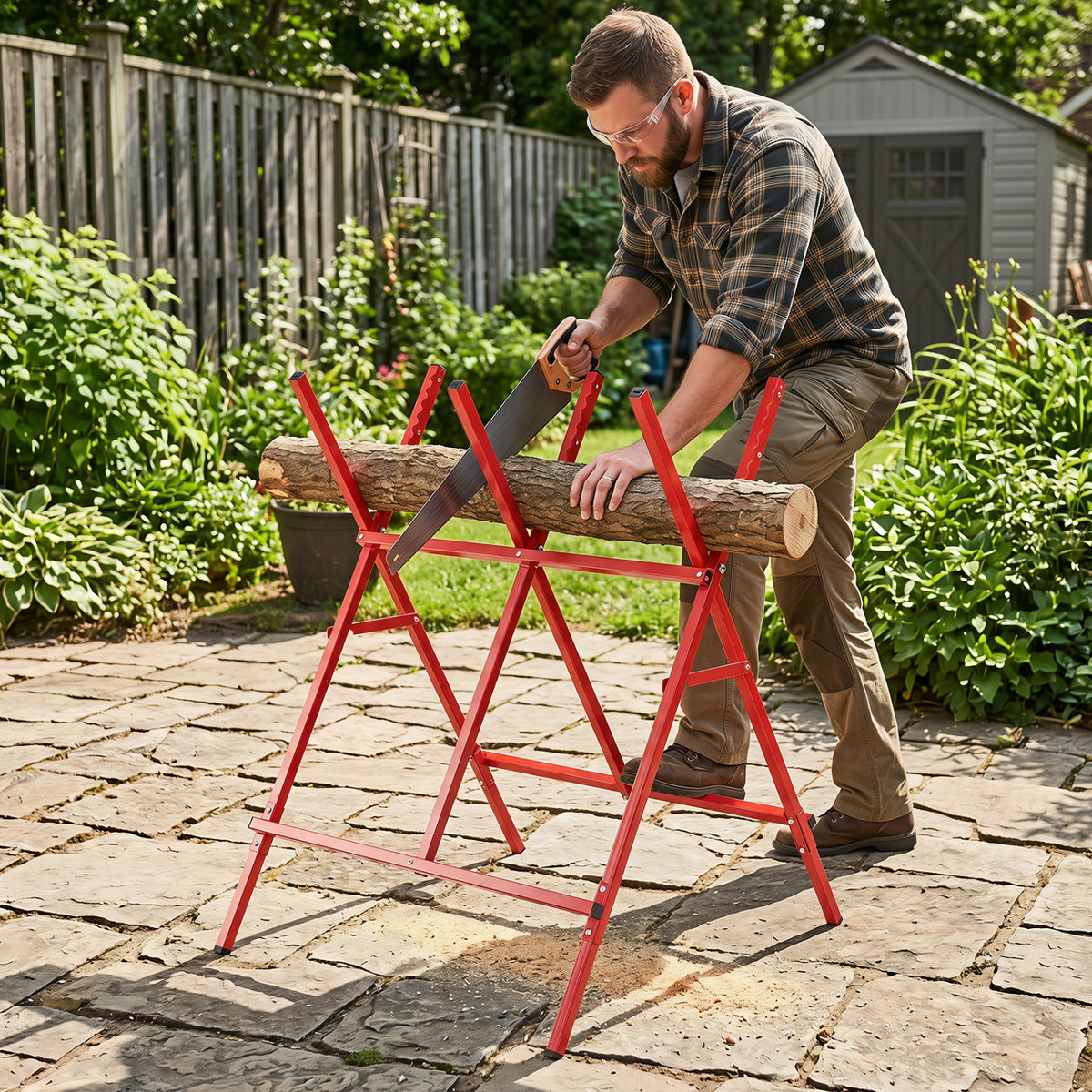 Folding Log Saw Horse with Anti-Slip Sawteeth and Non-Slip Foot Pads Heavy Duty-Red