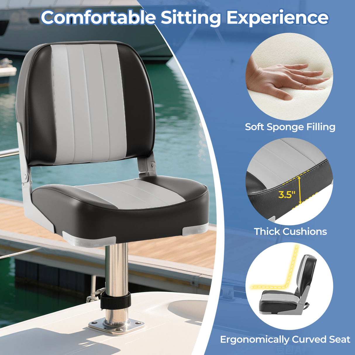 2-Pack Boat Seats Folding Low Back Boat Chairs Waterproof PVC Leather Cabin Seating-Gray