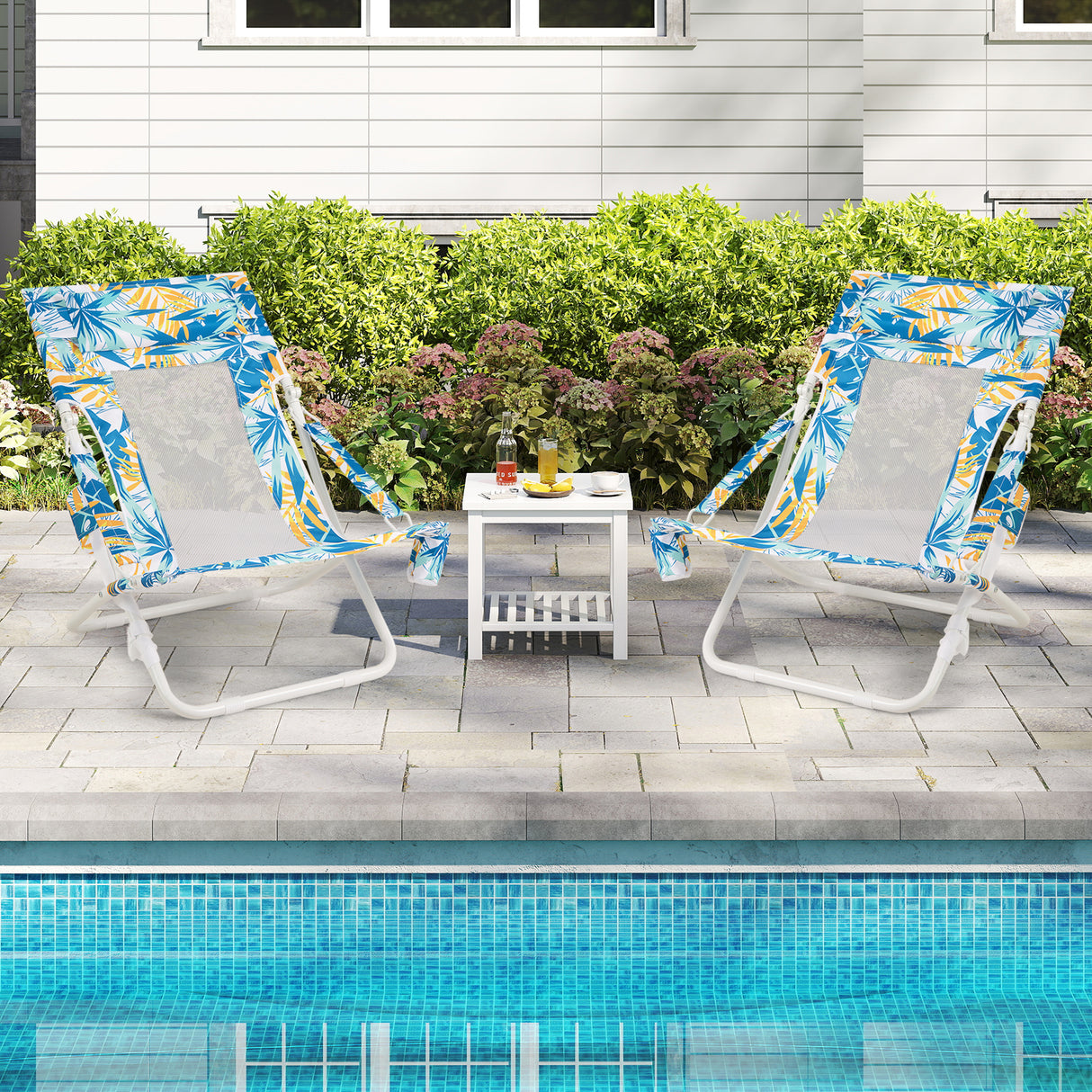 Folding Low Beach Chair Set of 2 Patio Sling Chairs with Padded Head Pillow-Blue