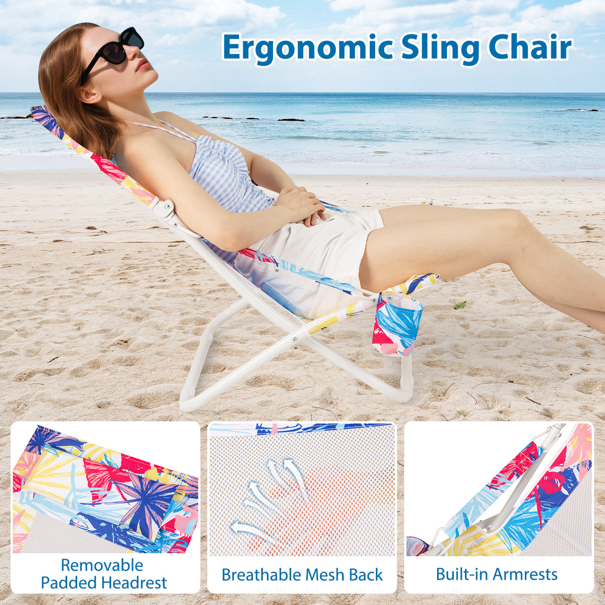 Folding Low Beach Chair Set of 2 Patio Sling Chairs with Padded Head Pillow-Pink