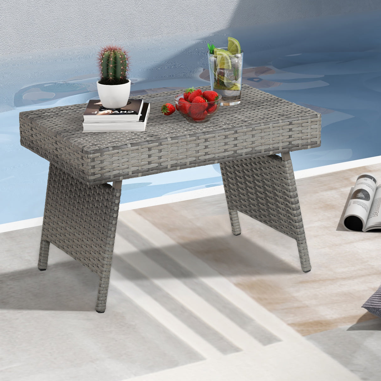 Folding PE Rattan Side Coffee Table Patio Garden Furniture-Gray