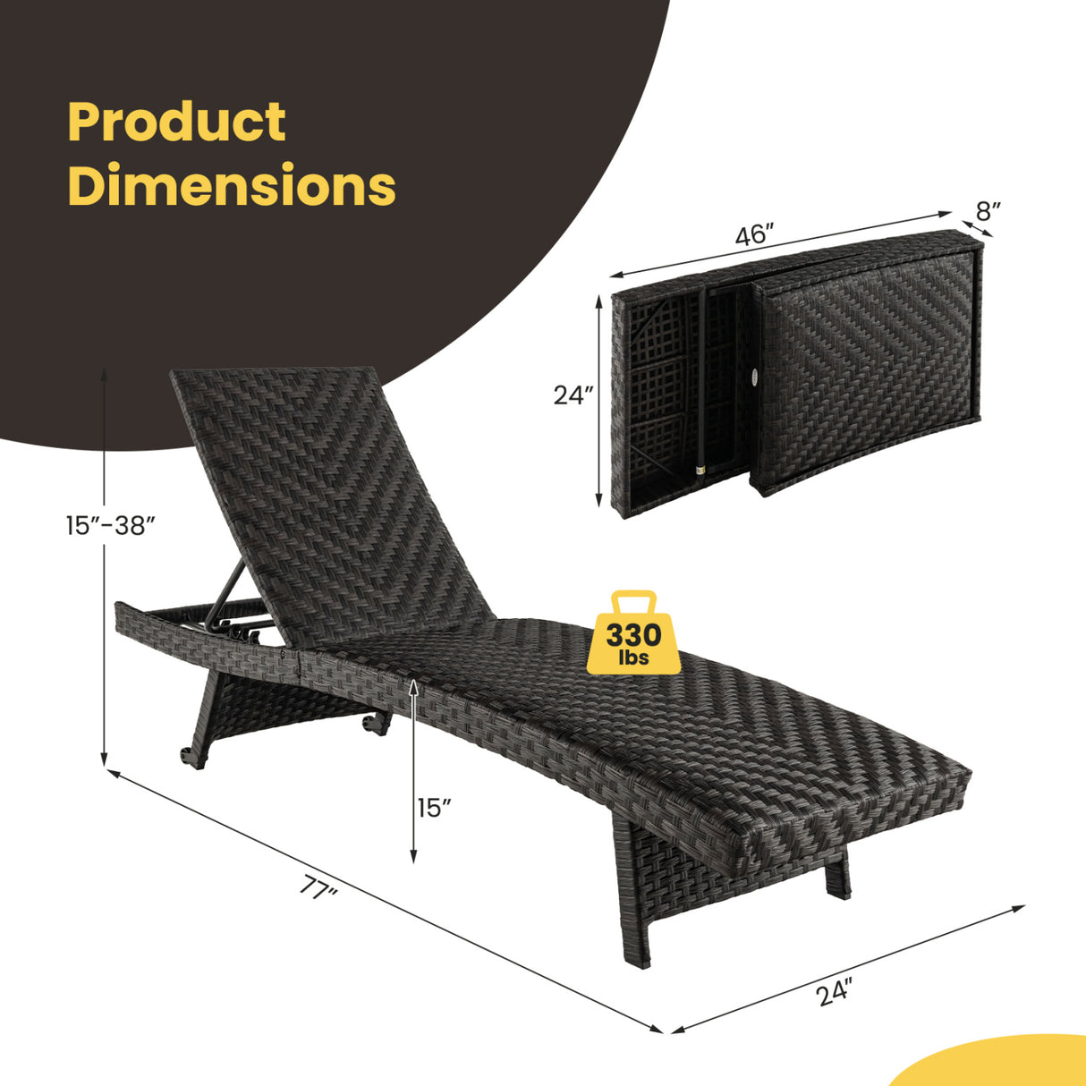 Folding Padded Rattan Patio Chaise Lounge with Adjustable Backrest and Quick Dry Foam