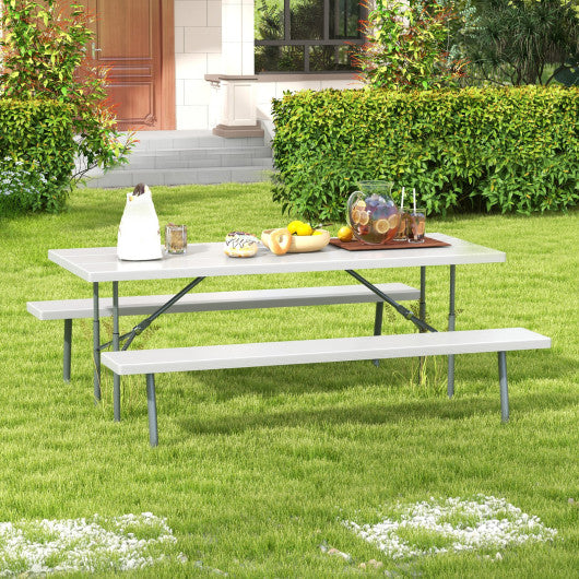 Folding Picnic Table Set with Metal Frame and All-Weather HDPE Tabletop Umbrella Hole-Gray