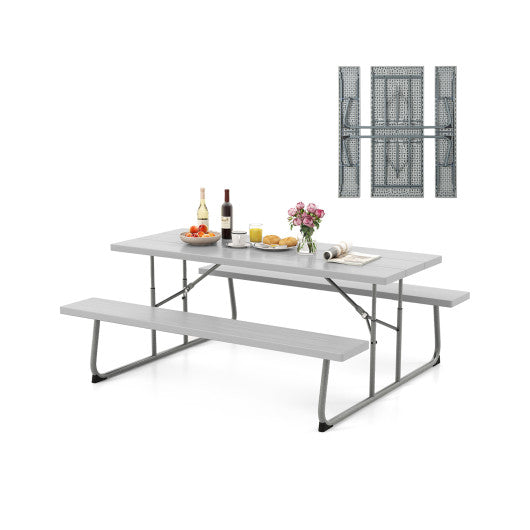 Folding Picnic Table Set with Metal Frame and All-Weather HDPE Tabletop Umbrella Hole-Gray
