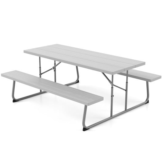 Folding Picnic Table Set with Metal Frame and All-Weather HDPE Tabletop Umbrella Hole-Gray