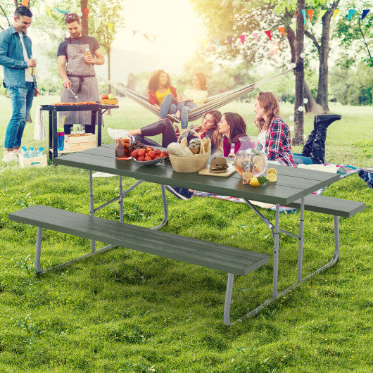 Folding Picnic Table Set with Metal Frame and All-Weather HDPE Tabletop Umbrella Hole-Green