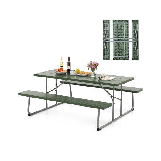 Folding Picnic Table Set with Metal Frame and All-Weather HDPE Tabletop Umbrella Hole-Green