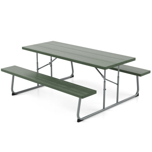 Folding Picnic Table Set with Metal Frame and All-Weather HDPE Tabletop Umbrella Hole-Green