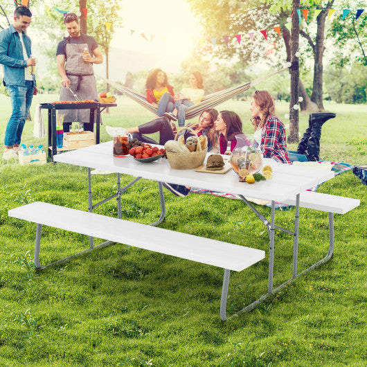 Folding Picnic Table Set with Metal Frame and All-Weather HDPE Tabletop Umbrella Hole-White