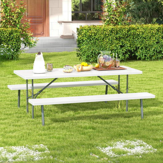 Folding Picnic Table Set with Metal Frame and All-Weather HDPE Tabletop Umbrella Hole-White