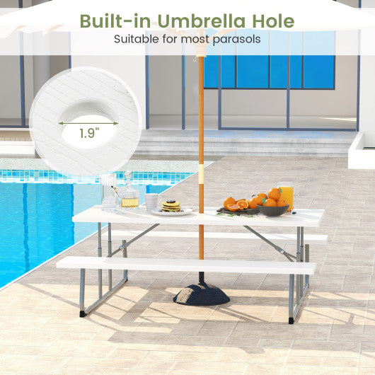 Folding Picnic Table Set with Metal Frame and All-Weather HDPE Tabletop Umbrella Hole-White