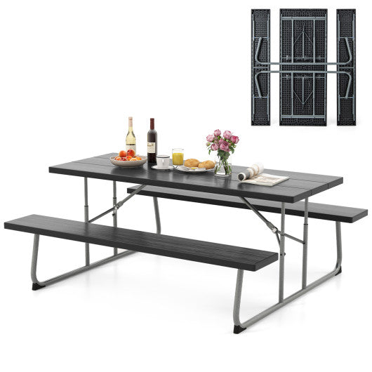 Folding Picnic Table Set with Metal Frame and All-Weather HDPE Tabletop Umbrella Hole-Black
