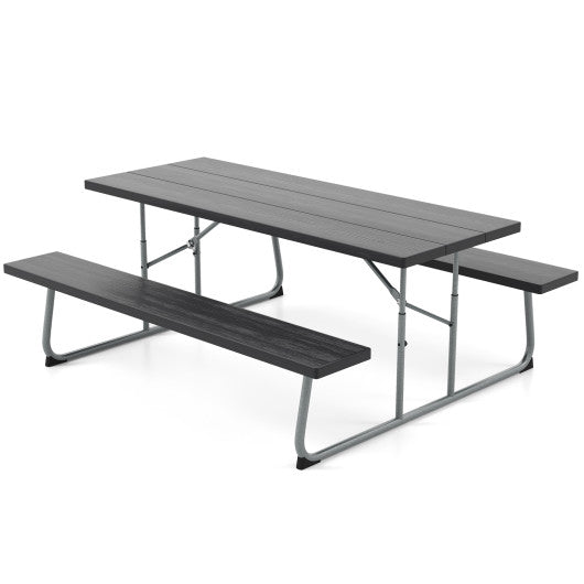 Folding Picnic Table Set with Metal Frame and All-Weather HDPE Tabletop Umbrella Hole-Black