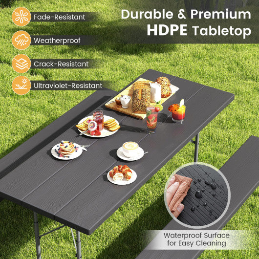 Folding Picnic Table Set with Metal Frame and All-Weather HDPE Tabletop Umbrella Hole-Black