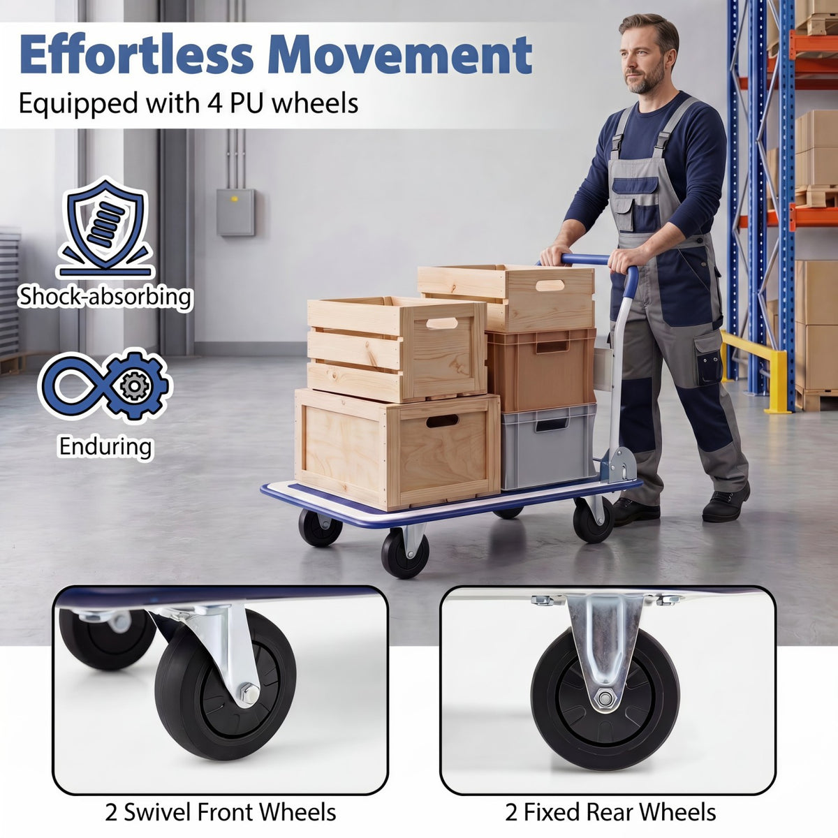 Folding Platform Hand Truck with 4 Wheels & Collapsible Bed for Moving Warehouse-Blue