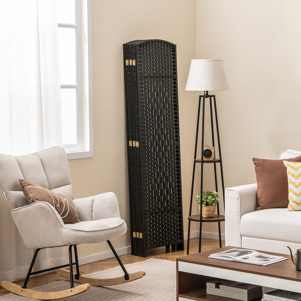 8-Panel Folding Room Divider with Hand-Woven Texture and Solid Wood Frame-Black