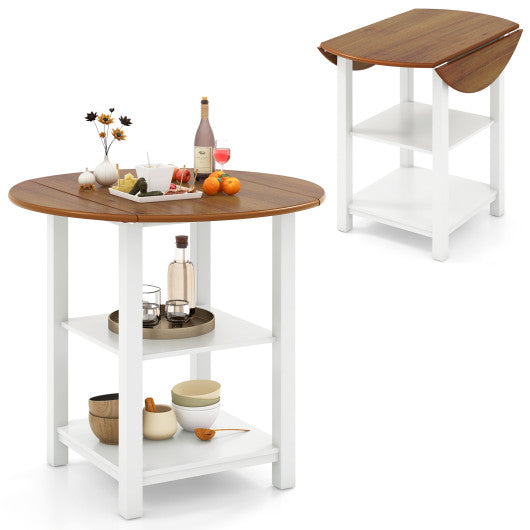 Folding Round Dining Table Drop Leaf Table with 2 Shelves for Small Spaces-White