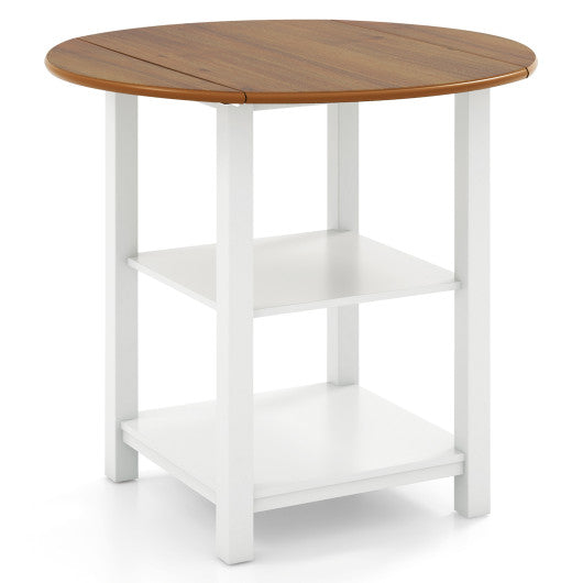 Folding Round Dining Table Drop Leaf Table with 2 Shelves for Small Spaces-White
