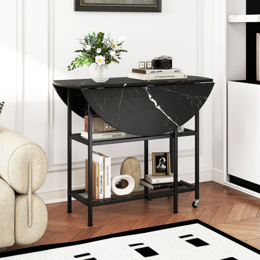 Folding Round Dining Table with Lockable Wheels-Black