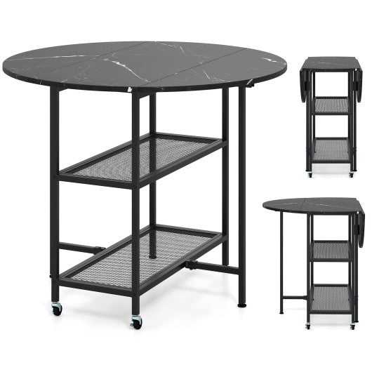 Folding Round Dining Table with Lockable Wheels-Black