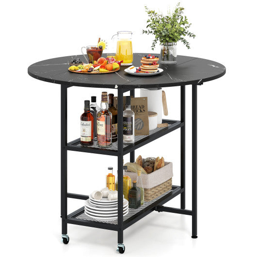 Folding Round Dining Table with Lockable Wheels-Black